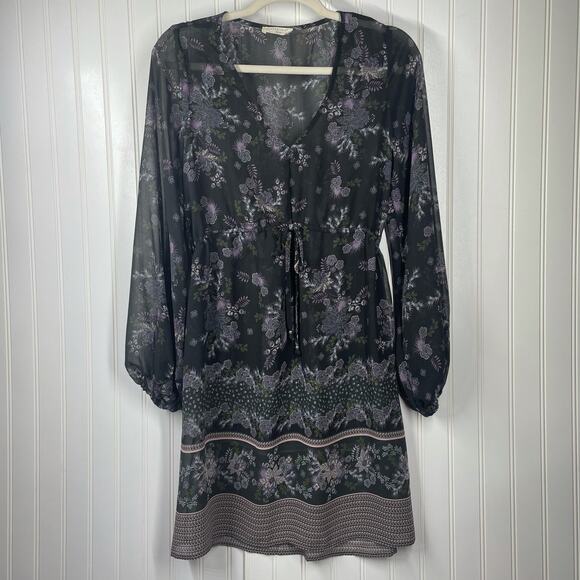Lovestitch Women Black Long Sleeve V-Neck Sheer Floral Dress Size Small - Picture 1 of 8
